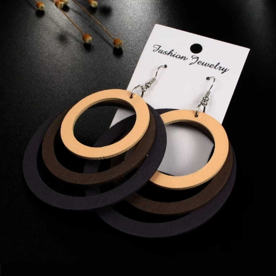 BEIGE-BROWN-BLACK WOODEN EARRINGS