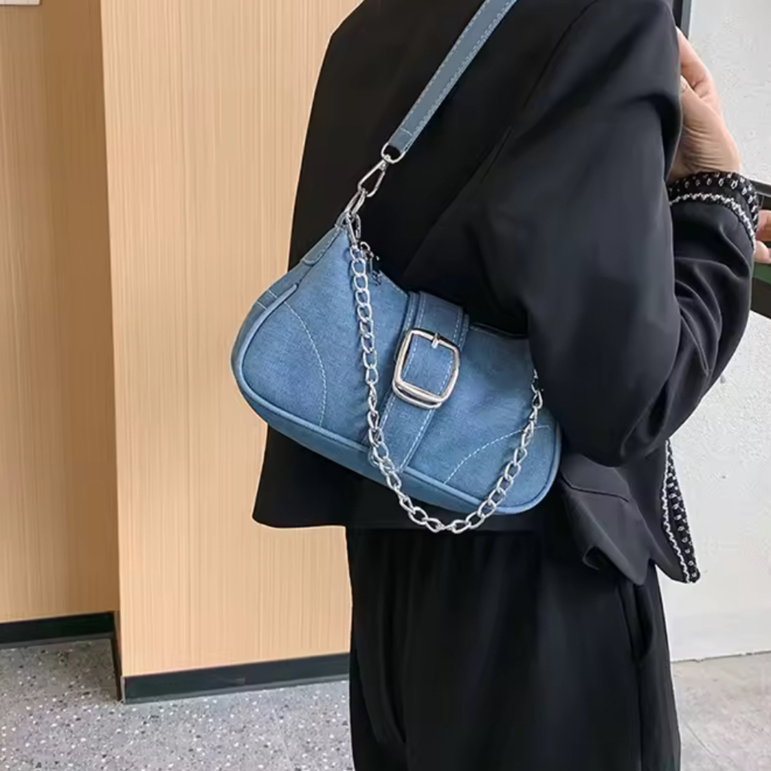 Casual denim shoulder bag chain strap