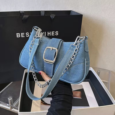 Casual denim shoulder bag chain strap