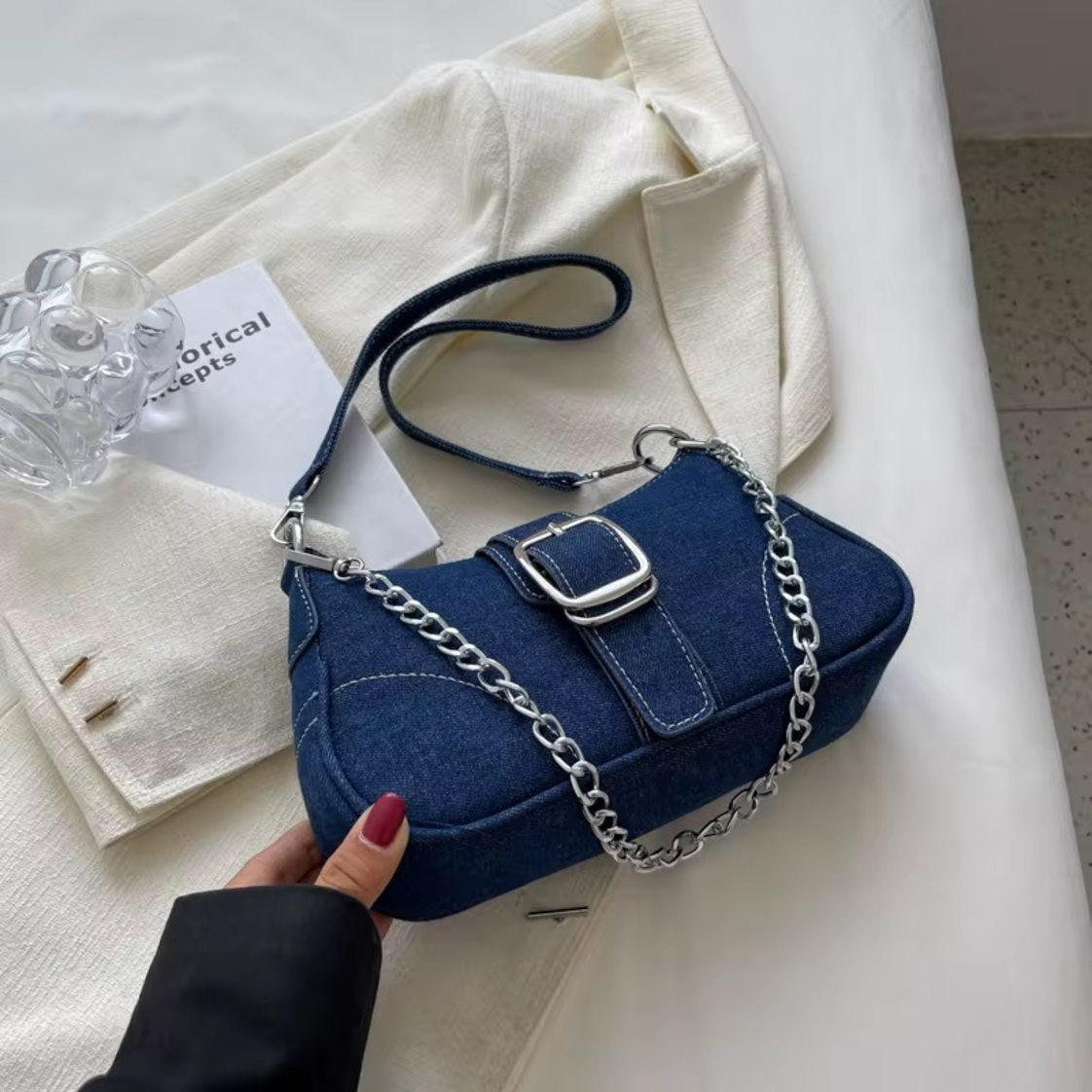 Casual denim shoulder bag chain strap