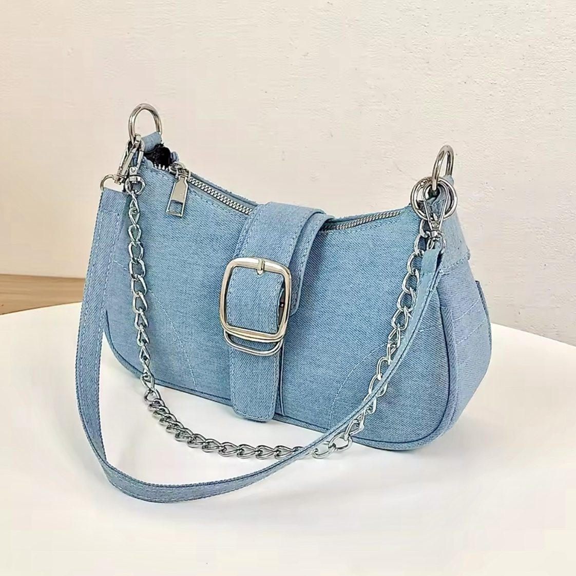 Casual denim shoulder bag chain strap