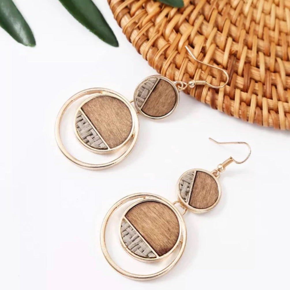 TAN AND GREEN AFRICAN ROUND EARRINGS