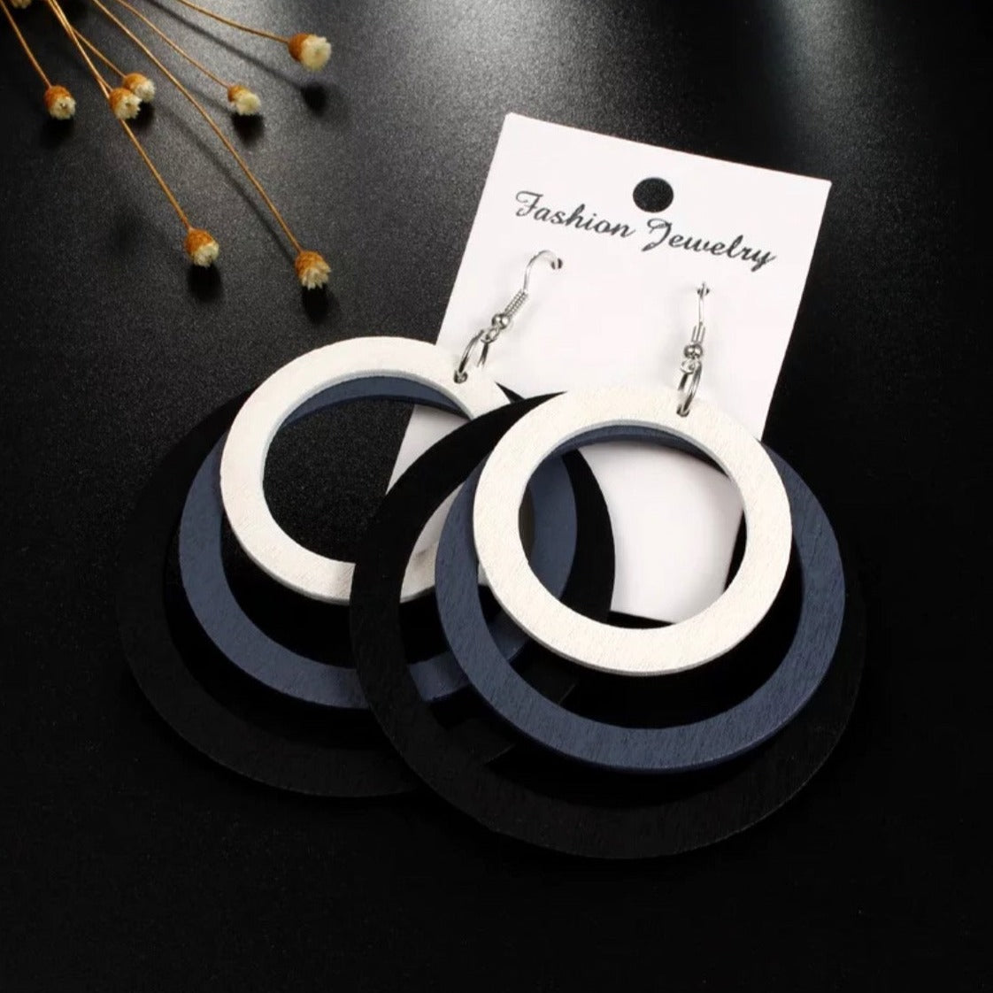 WHITE- BLACK-GREY WOODEN EARRINGS